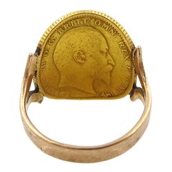 Gold curved Edward VII 1902 full sovereign ring, on rose gold soldered shank
