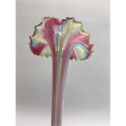 Late 19th century vaseline and cranberry candy stripe glass Jack-in-the-pulpit vase, H30cm