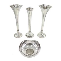 Pair of  Edwardian silver specimen vases by Thomas Fattorini, Birmingham 1902, one other by P H Vogel & Co, Birmingham 1970 and a silver coin dish set with a commemorative nickel crown