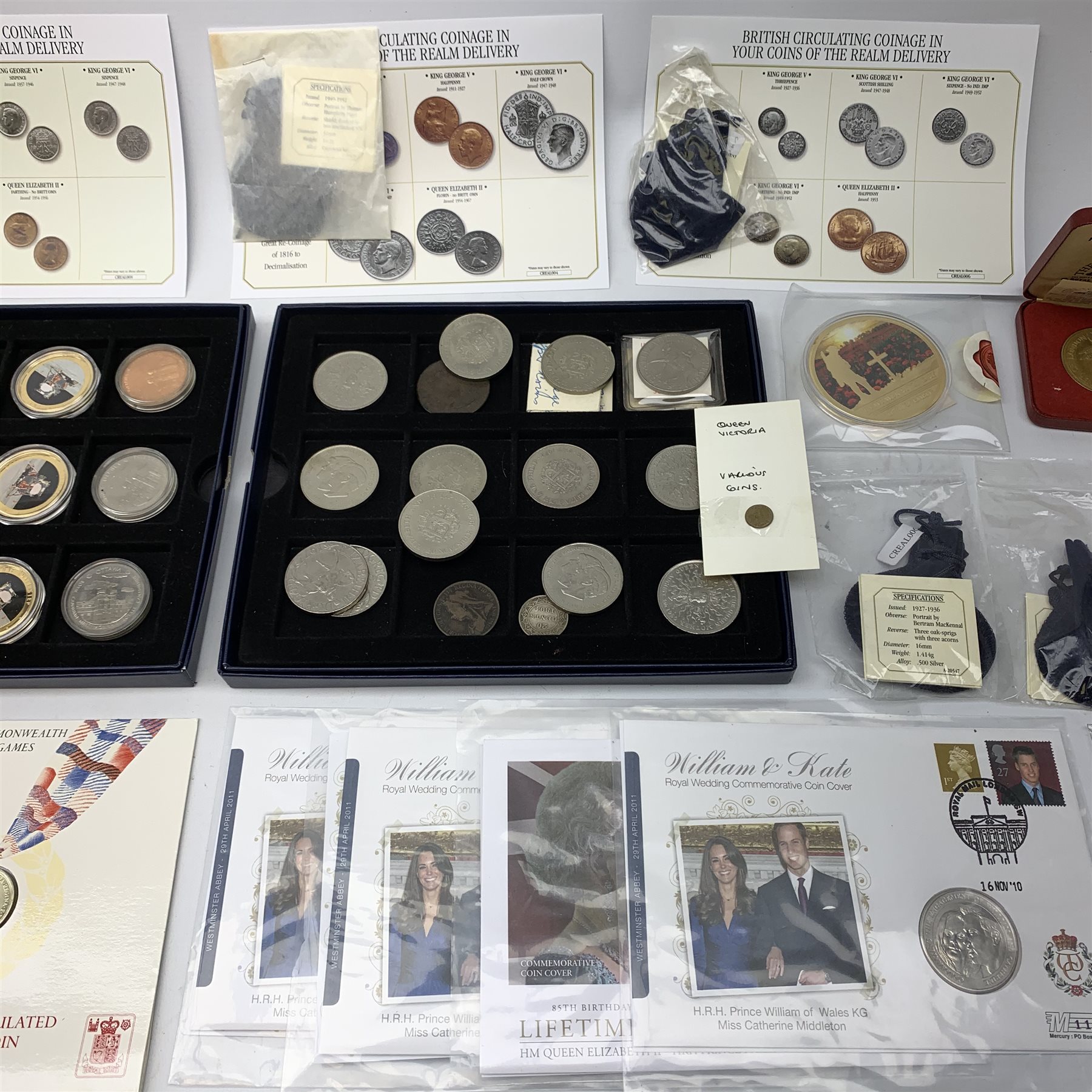 Mostly modern commemorative coins including United Kingdom brilliant uncirculated 1986 commonwealth games two pound coin, coin covers, 'Remembrance Day 11th November' commemorative coin, commemorative crowns etc
