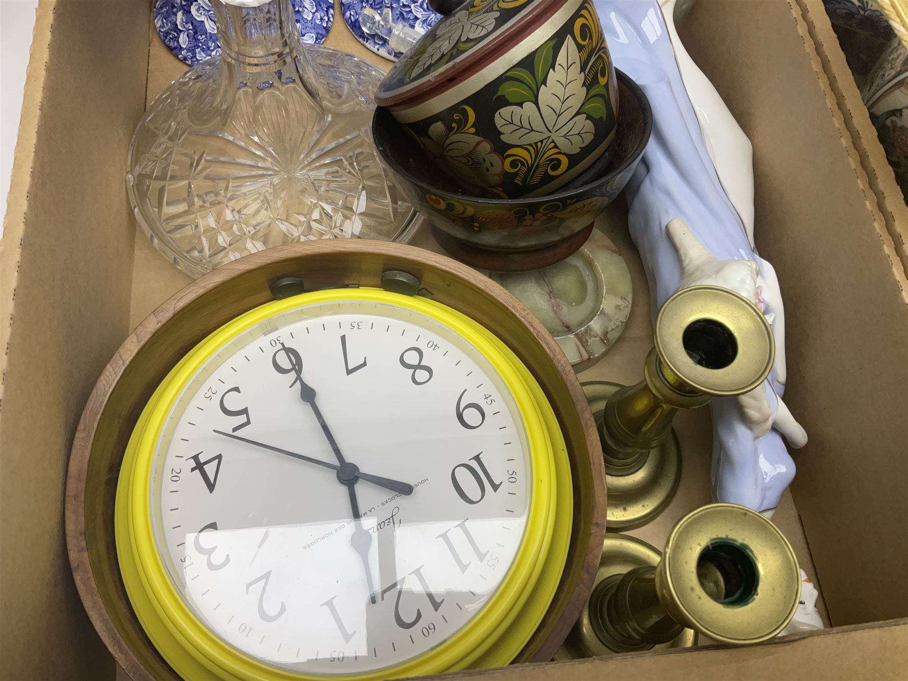 Set of metal weighing scales, pair of Chinese style ceramic table lamps, blue and white ceramics, oriental ceramics and a collection of other glassware, metal ware and collectables, in five boxes 