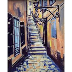 Al Hesso (Swedish Contemporary): The Stairway Gamla Stan, oil on canvas signed, titled and dated 2010 verso 40cm x 32cm