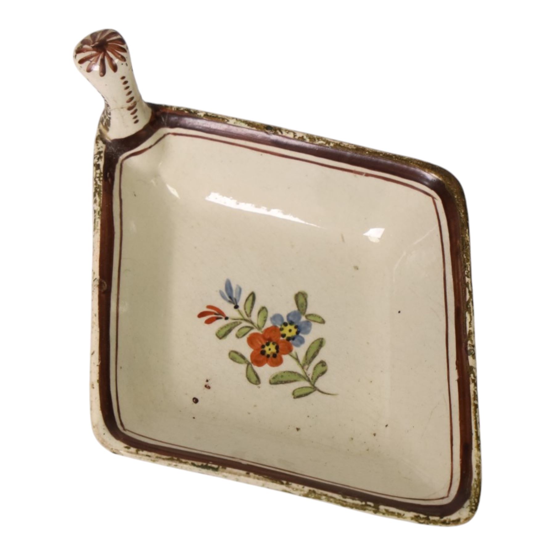 Group of 18th and 19th century ceramics, comprising 18th century pearlware tea caddy, if cylindrical form decorated with building and trees, H10.5cm, an 18th century blue and white pearlware saucer with similar decoration, D10.5cm, an 18th century creamware lozenge shaped boat, the interior painted with floral sprig, L12cm, and three pieces of 19th century blue and white transfer printed pottery, including a miniature jug decorated with the Playing Hoops pattern, H5.5cm, plus a Masons Bird and Flower pattern small octagonal basin, D10cm, (7)
