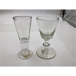 Group of 18th century drinking glasses, to include a small liquor glass with elongated funnel bowl with internal tear to 'stem', upon stepped foot, H9cm, an example with elongated funnel bowl and firing type foot, H10cm, two examples with folded feet, etc. (6)