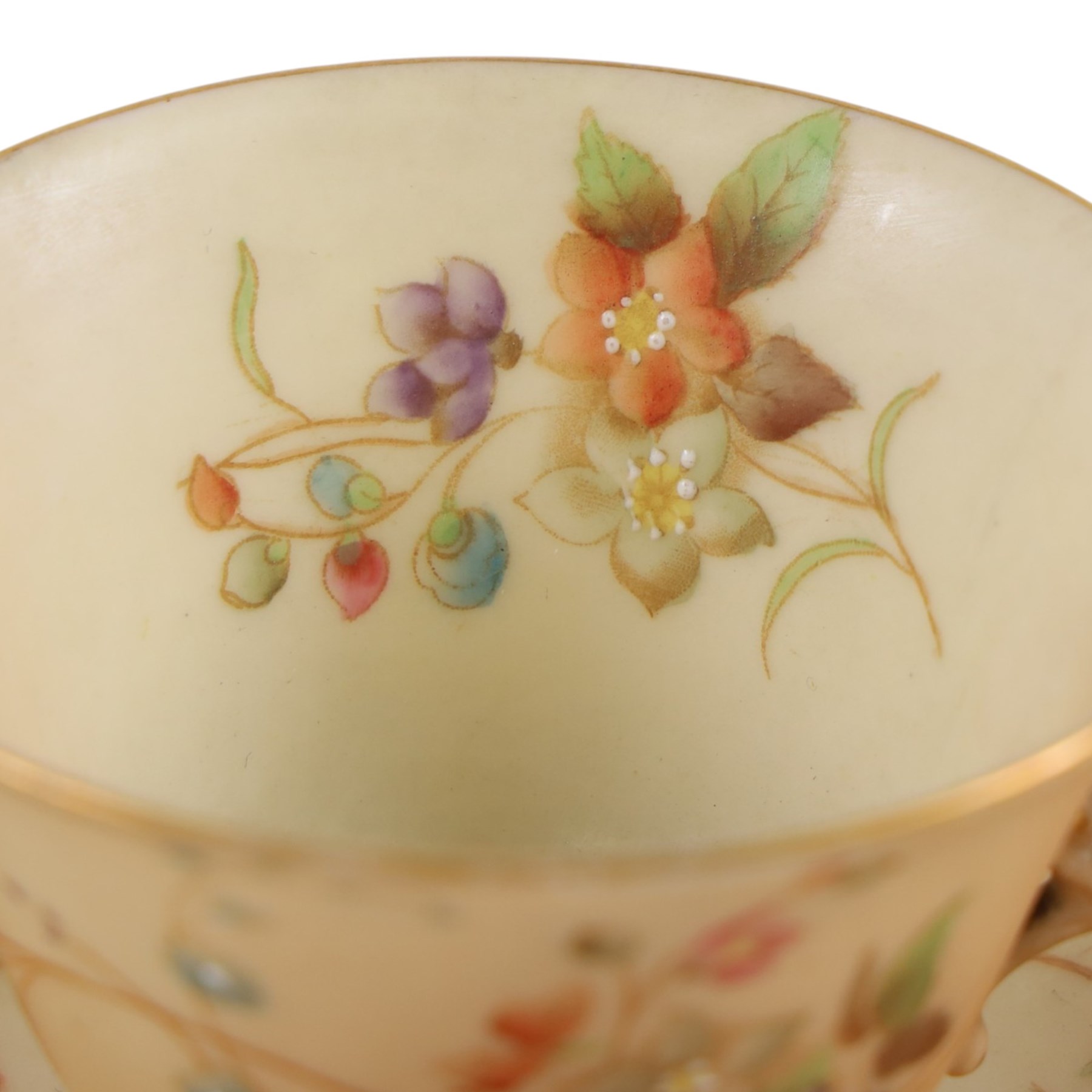 Royal Worcester blush ivory, including miniature teapot, two miniature tygs, two teacups and saucer and three miniature plates, teapot H8cm