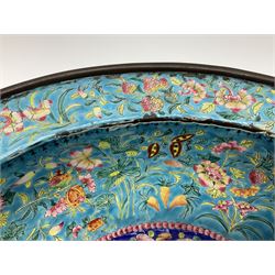 18th/19th century Chinese Canton enamel basin, the circular basin with flat everted rim, decorated with scrolling foliate and fruit decoration on a blue ground, D43cm