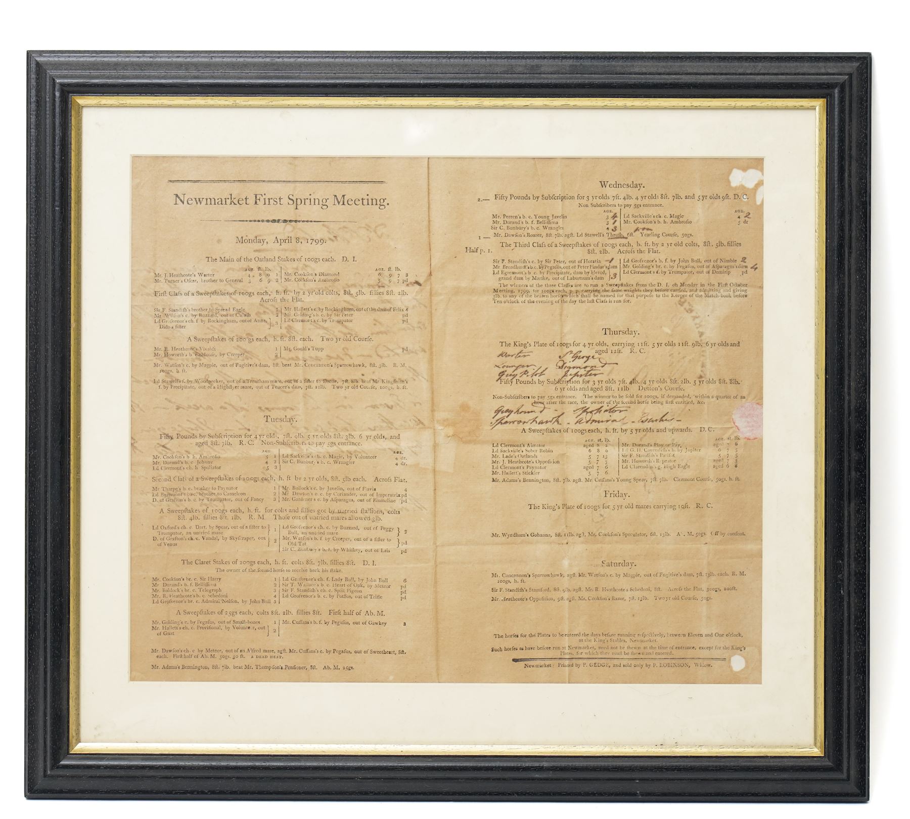 18th century double page handbill for 'Newmarket First Spring Meeting, April 1799' with list of runners and owners etc 31cm x 37cm framed, a single page bill 'Newmarket Third October or Houghton Meeting October 1803', another 'Doncaster Races September 1767' 30cm x 17cm, and another York August Meeting 1806 29cm x 17cm all framed (4) 
Provenance: property of a Nobleman