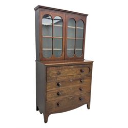 19th century mahogany secretaire bookcase, with dental cornice, two glazed doors above three long graduating drawers