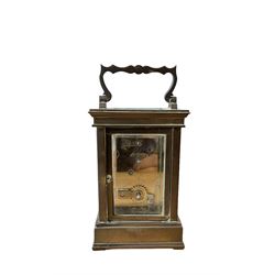 French -  brass cased 20th century  8-day timepiece carriage clock, dial inscribed L' Epee Fondee-En 1839, Sainte Suxanne, France, with a circular enamel dial and an embossed brass dial mask, Roman numerals, minute markers, five minute Arabic's and steel moon hands, with a jewelled lever platform escapement.