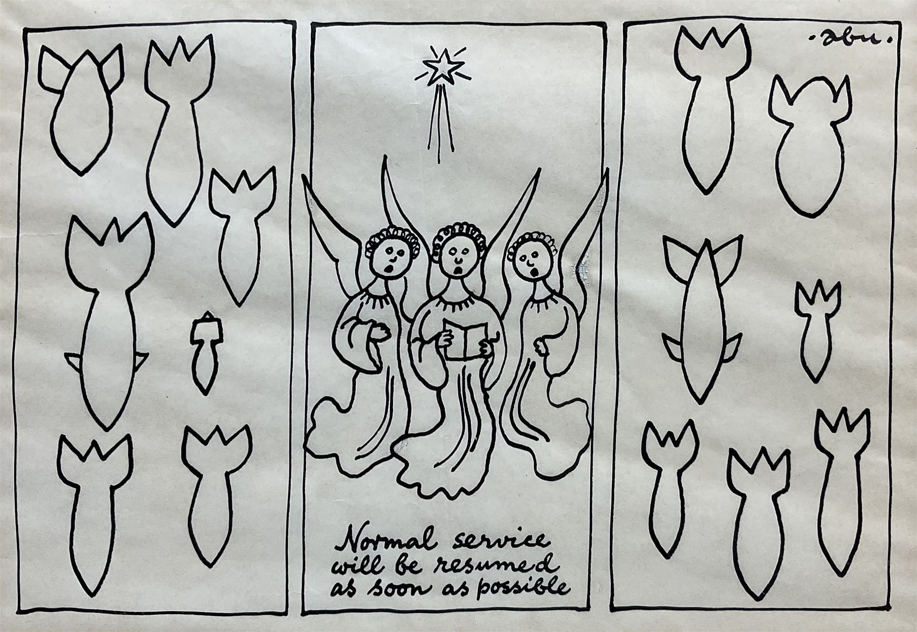 Attupurathu Mathew Abraham (AKA Abu) (Indian 1924-2002): 'Normal Service will be Resumed as Soon as Possible', ink cartoon signed and titled 18cm x 26cm