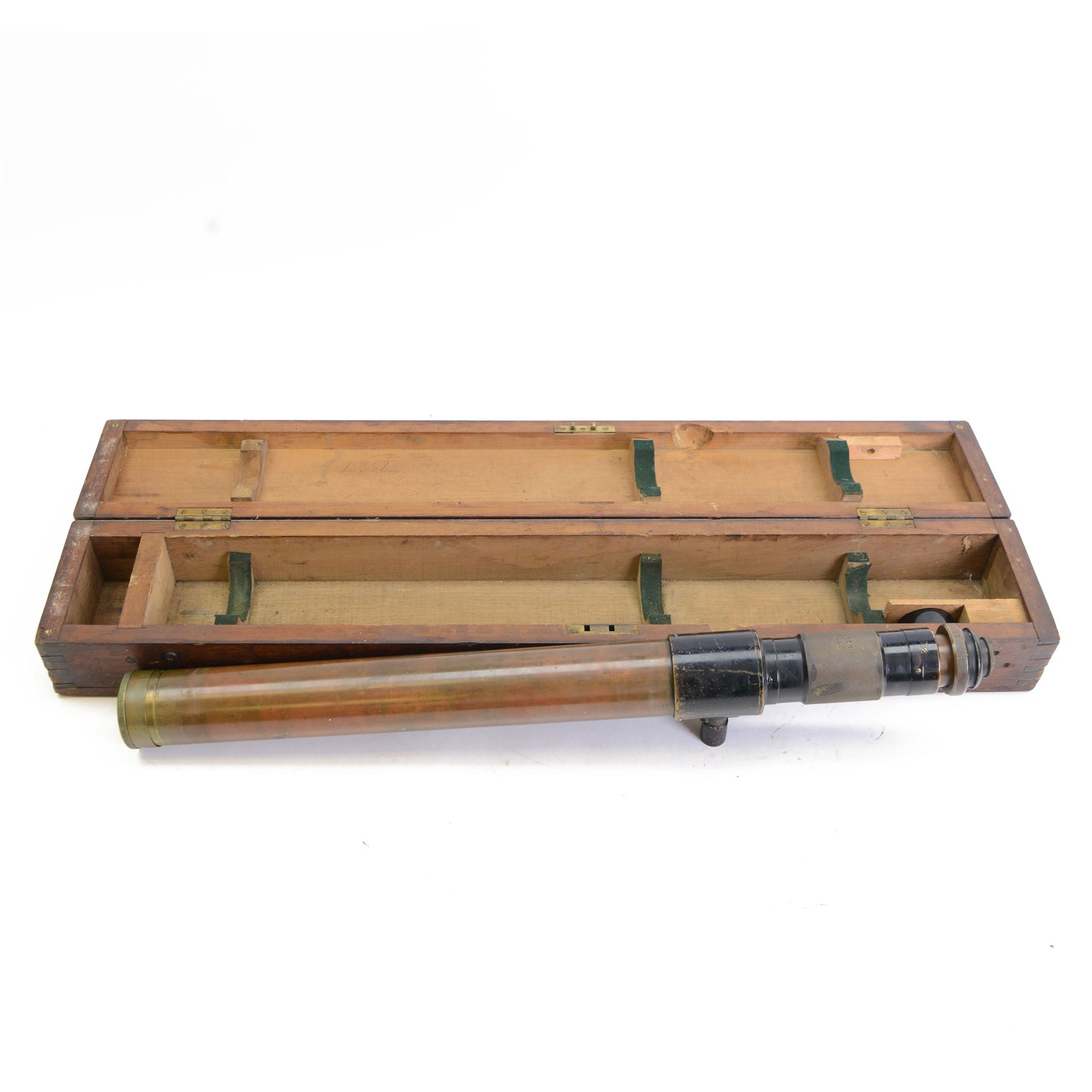 Ross of London  gun scope no 57680, in wooden case marked 'Gun Sight Handle with Great Care', L88cm