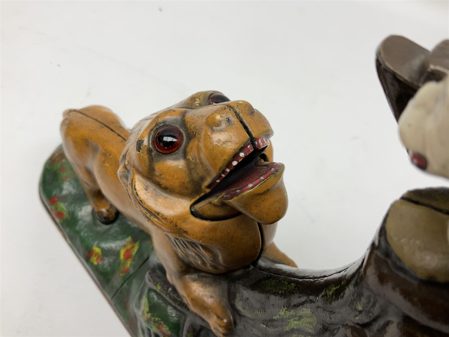 Late 19th century cast-iron mechanical money bank 'Lion and Two Monkeys' by Kyser & Rex with impressed patent mark for 17th July 1883 H25cm L23.5cm