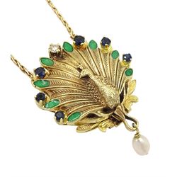  Igor Carl Faberge for Franklin Mint 14ct gold peacock watch pendant necklace, the peacock wings diamond, enamel and sapphire set, with a single suspended pearl, the back with hidden quartz watch, boxed