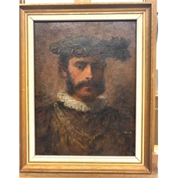  Elias Mollineaux Bancroft (British 1846-1924): Portrait of a Tudor Gentleman, oil sketch on board, inscribed verso 26cm x 19cm  