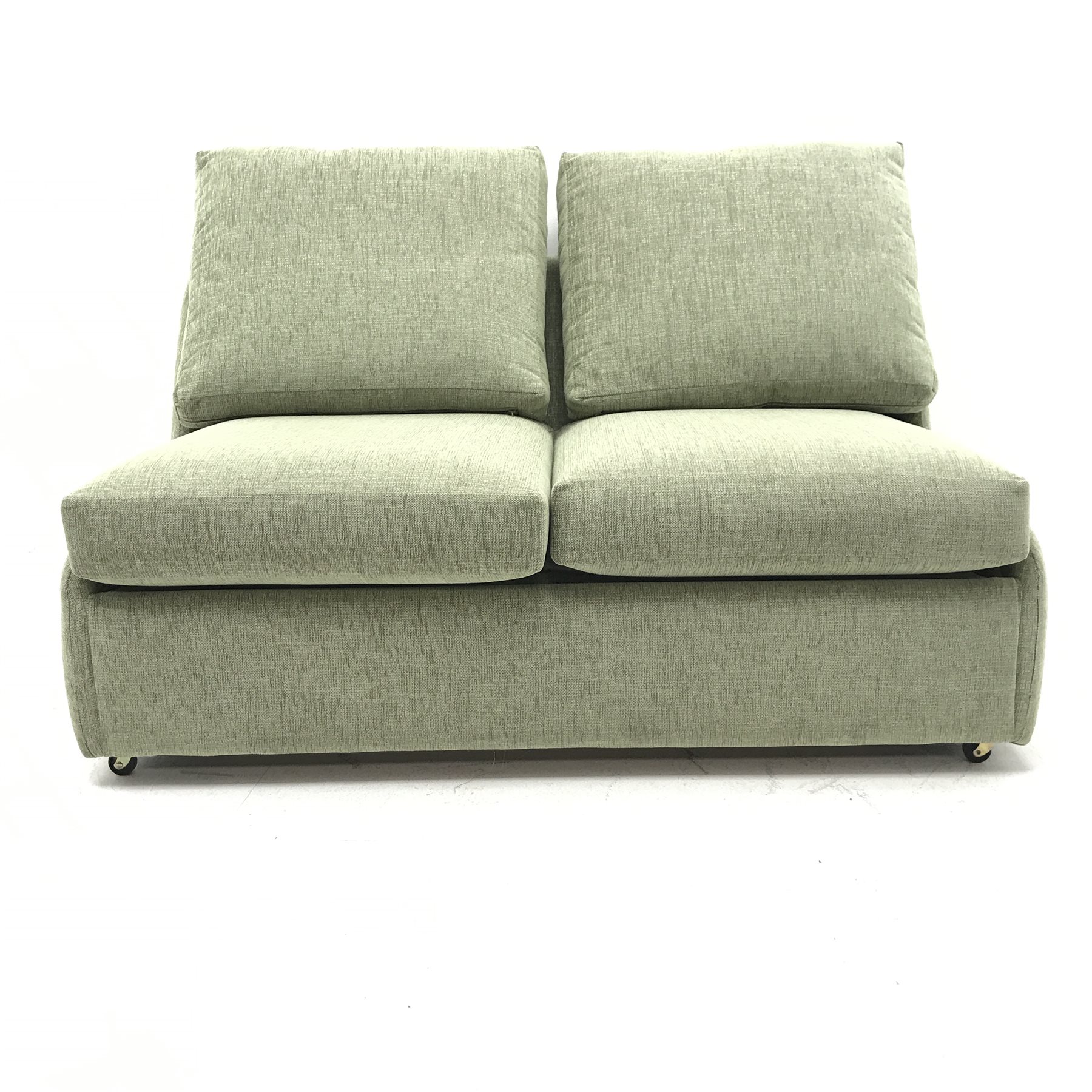 Two seat sofa bed upholstered in lime green fabric, W140cm The