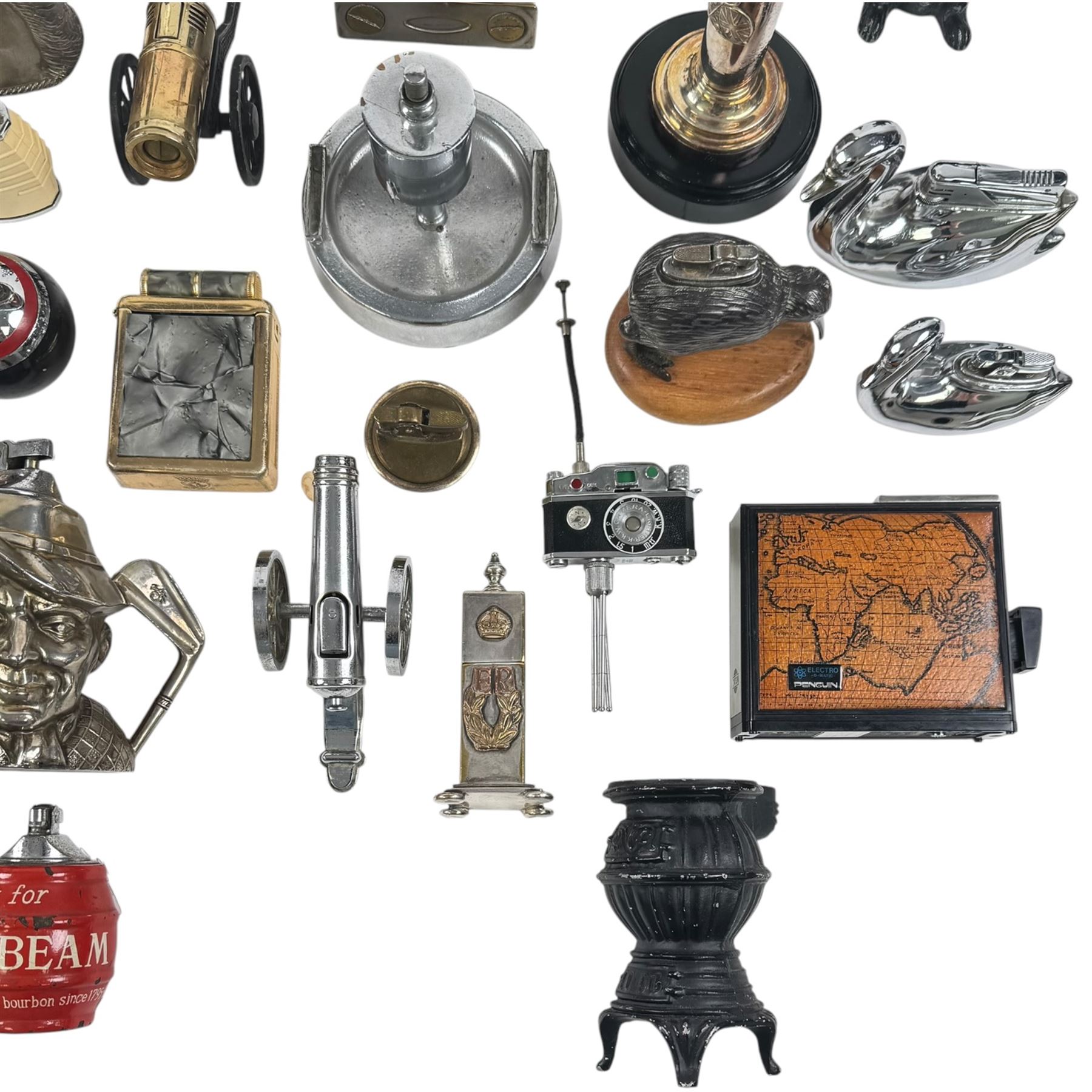 Collection of novelty lighters, including examples modelled as horse, swan, kiwi, bullet, lamppost etc 
