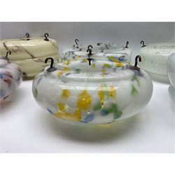 Six Art Deco glass fly catcher light shades, including marbled, mottled and frosted glass examples, largest D31cm