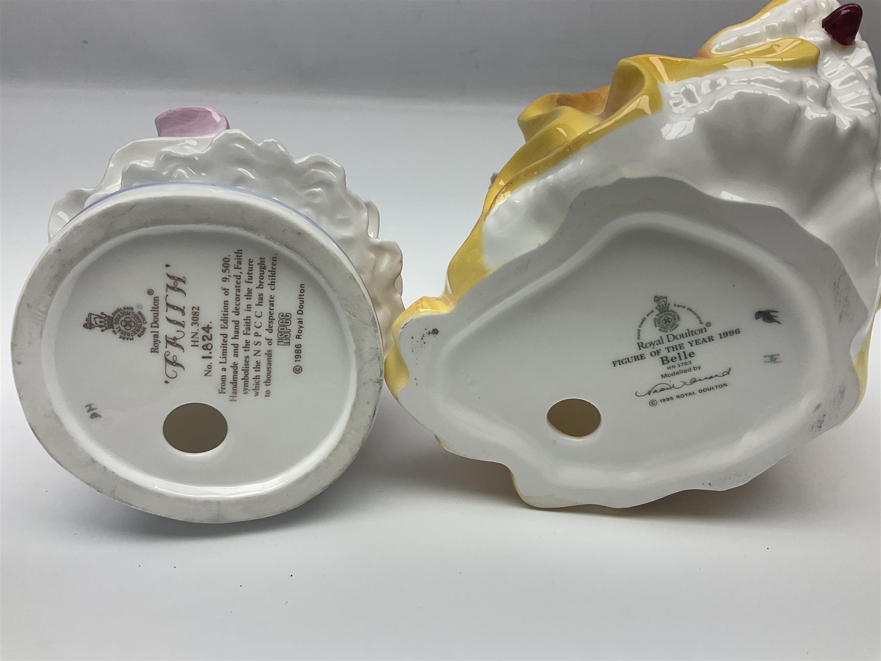 Seven Royal Doulton figures, to include Charity HN3087, Faith HN3082, Hope HN3061, Belle HN3703, etc, all with printed marks beneath