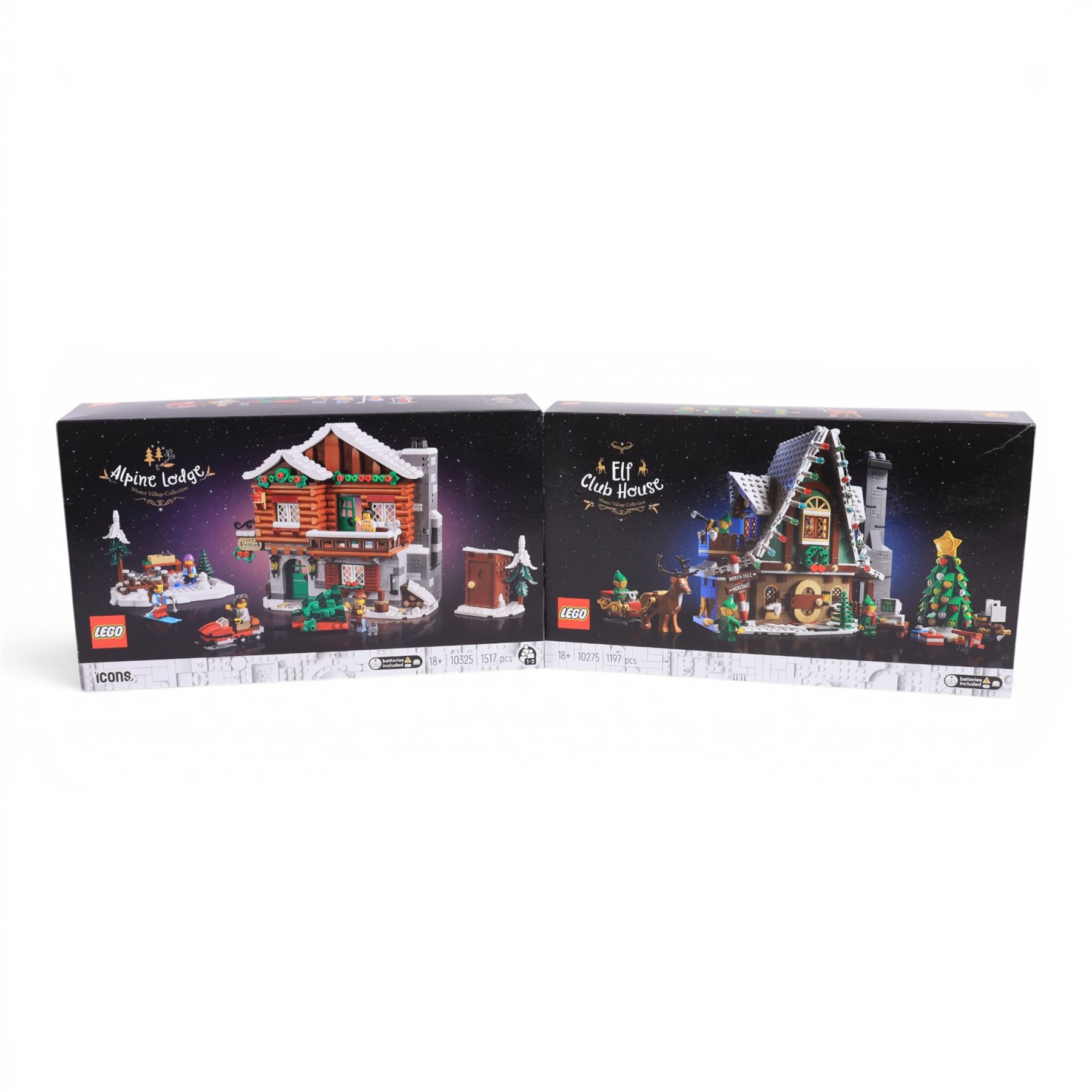 Two Lego Winter Village Collection sets, comprising Elf Club House no. 10275 and Alpine Lodge no. 10325, both boxed