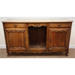  Early 20th century French style walnut dresser sideboard base, moulded top, two drawers and two cupboards flanking shell carving, scrolled cabriole feet, W180cm, H101cm, D56cm  