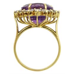 18ct gold amethyst and round brilliant cut diamond cluster ring, amethyst approx 8.00 carat, total diamond weight approx 1.30 carat