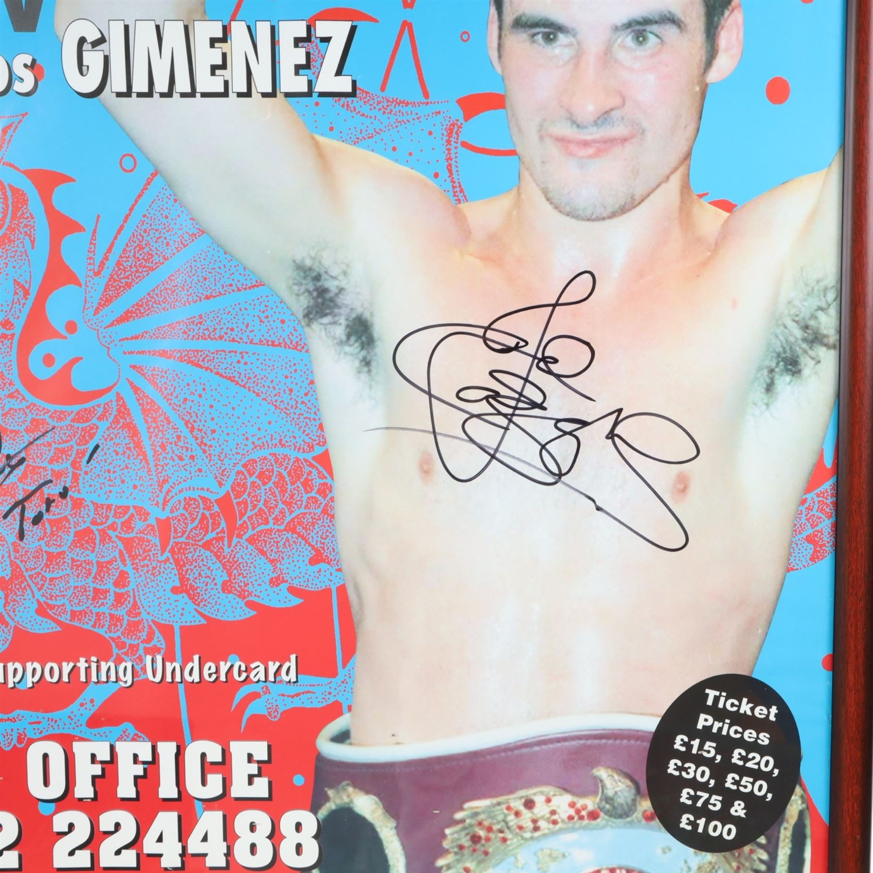 World Championship Boxing poster, signed by Joe Calzaghe and Juan Carlos Gimenez (El Toro), framed, H89cm