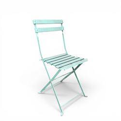 Wrought metal folding garden table, with painted wood plank top; and four matching folding chairs