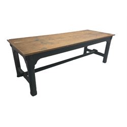 19th century oak refectory table, rectangular oak top on black painted base, canted square supports joined by stretchers 