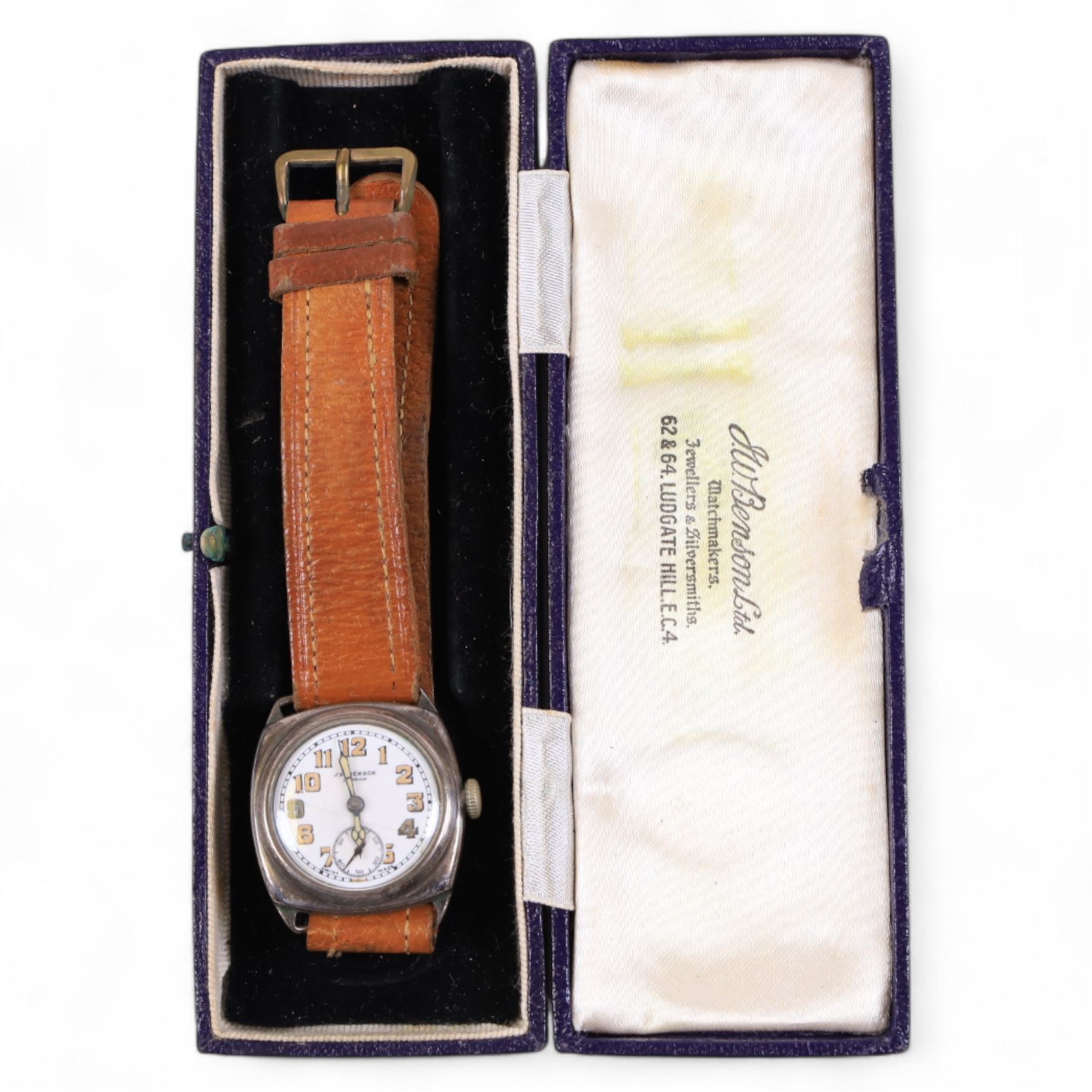 JW Benson silver cased manual wind wristwatch on tan leather strap