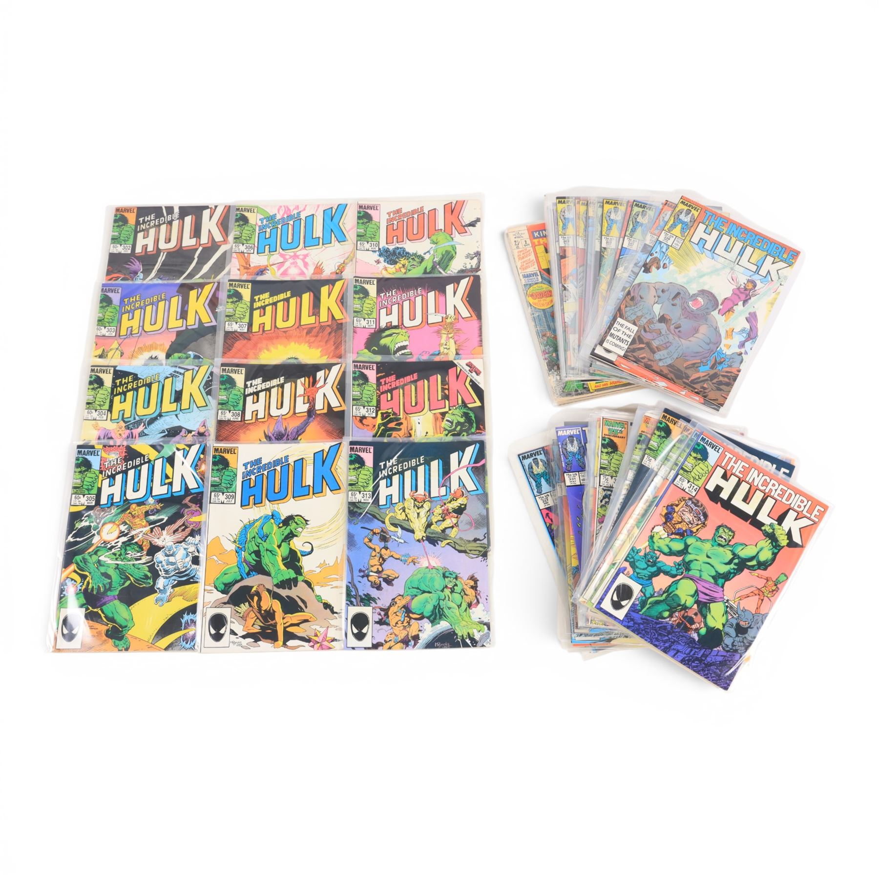 Sixty Marvel Bronze Age and later 'The Incredible Hulk' comic books, spanning years 1984-1992, comprising issues #302-#347, #349, #351-#357, #394, King Size Specials #2 and #3 and annuals #11, #12 and #15