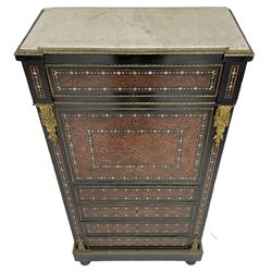 Late 19th century French ebonised and amboyna secrétaire à abattant, white marble top over frieze drawer, fall front and four further drawers, inlaid with trailing pattern in mother of pearl, mounted by cast gilt metal brackets with floral festoons, plinth base with foliate mounted edging and brass stringing, on turned feet 