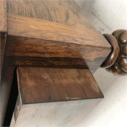 Victorian rosewood two tier etagere, scroll fretwork gallery back, carved elongated c scroll supports with scrolled terminals and barley twist supports, single drawer to base, turned and lobe carved feet with brass cups and castors, W77cm, H94cm, D36cm