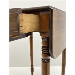 19th century mahogany Pembroke table, drop leaf top over single frieze drawer, turned supports