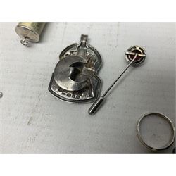 Silver mother of pearl handled fruit knife, silver jewellery including masonic pendant necklace, shell pendant, coin ring, Claddagh ring and charms etc, and a collection of ingots