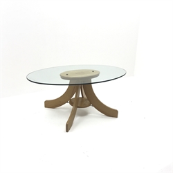  Contemporary solid oak coffee table with a 10mm plate glass top, four sabre supports joined by single undertier, W105cm, H45cm, D67cm  