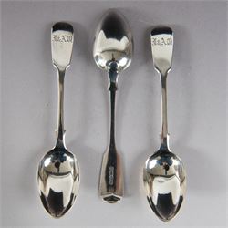 Set of twelve Victorian Exeter silver Fiddle pattern teaspoons, all with engraved initials to terminal, hallmarked Josiah Williams & Co, Exeter 1860, contained within tooled leather case with burgundy silk and velvet lined interior