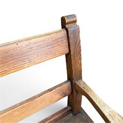 Early 20th century pine and oak bench seat, stained pine rail back frame with shaped oak arms