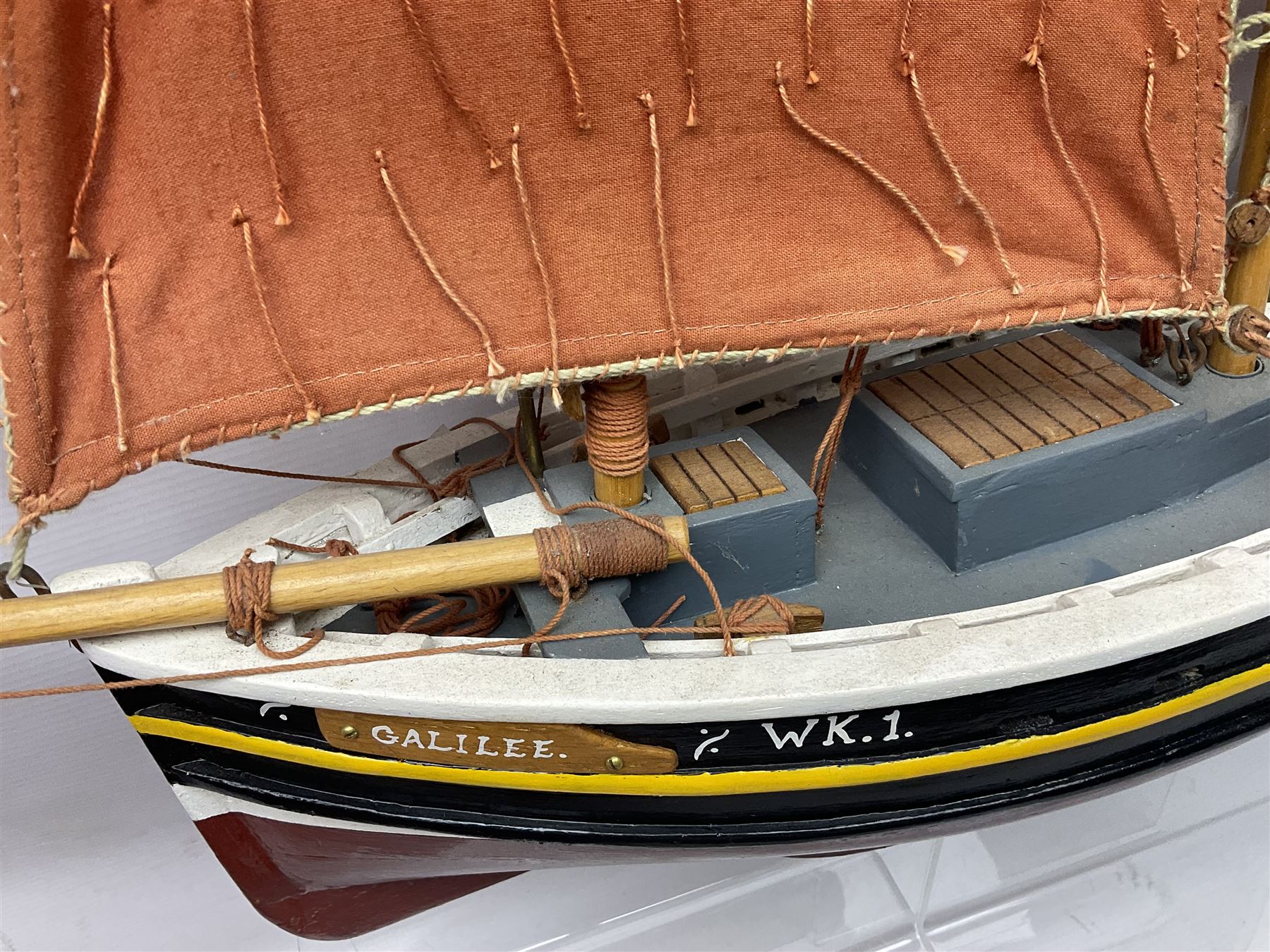 Wooden model of the Peterhead Herring Fishing Boat, Love Divine, PD404. on stand together with Wick Herring Fishing Boat, Galilee WK.1. on stand, L105cm, H64cm