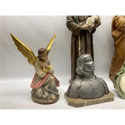 Religious sculpture, to include bust of a mother and baby, with impressed 'depose' beneath, Spelter bust of joan of arc on marble plinth, signed Rullony, painted plaster  figure of St. Anthony of Padua, and three others, largest figure H65cm. 