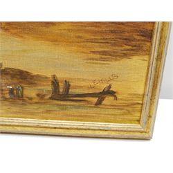 L E Mills (British early 20th century): Rowing off Shore, oil on board signed 40cm x 50cm