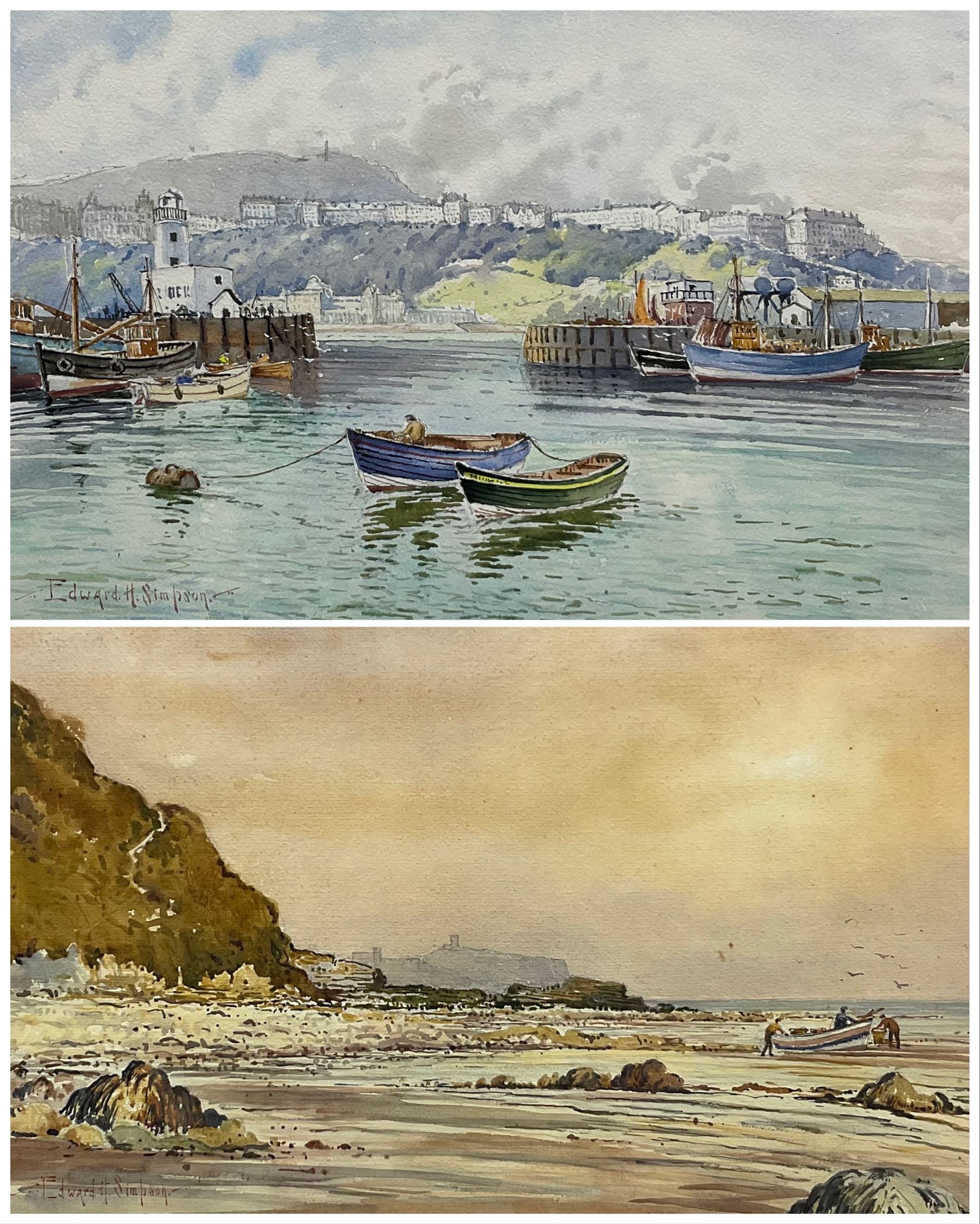 Edward H Simpson (British 1901-1989): 'Scarborough - Inner Harbour', watercolour signed, labelled verso 28cm x 44cm; Edward H Simpson (British 1901-1989): 'Scarborough from Carnelian Bay', watercolour signed, labelled verso 29cm x 43cm (2)