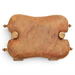 20th century Camel stool, tan leather seat with tooled design, raised on a light wood carved frame with camel design