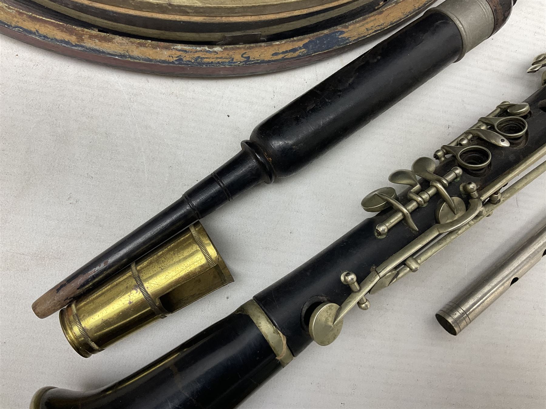 Disassembled early 20th century Boys Brigade snare drum D37cm with copy WW1 period photograph of the Kirbymoorside Boys Brigade; early 20th century hardwood clarinet; bagpipes chanter; and Dulcet E-flat penny whistle