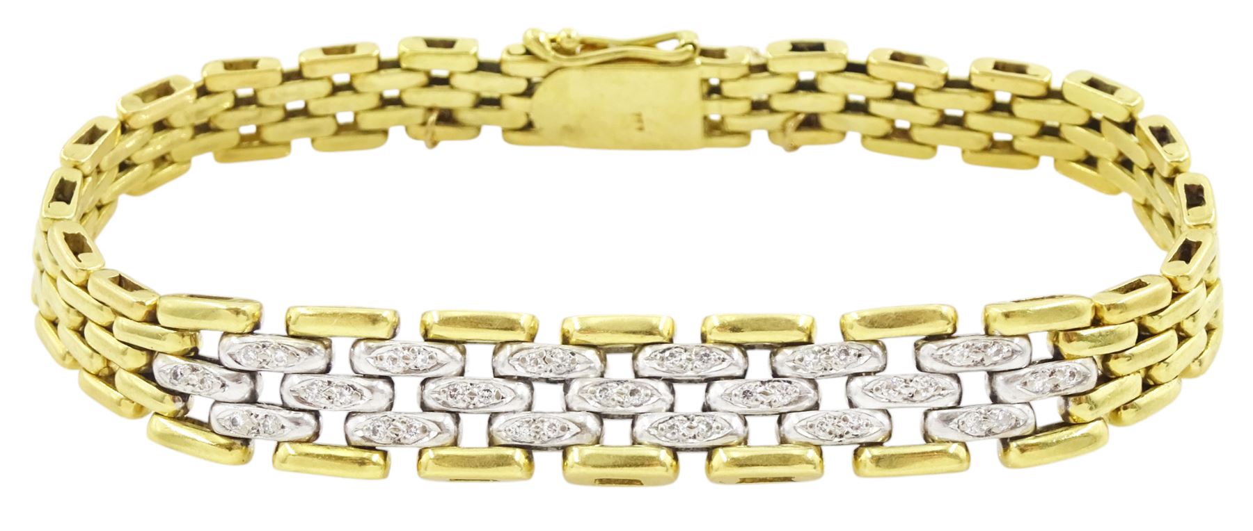 Gold brick link bracelet, the central white gold section set with pave set diamonds, stamped 750