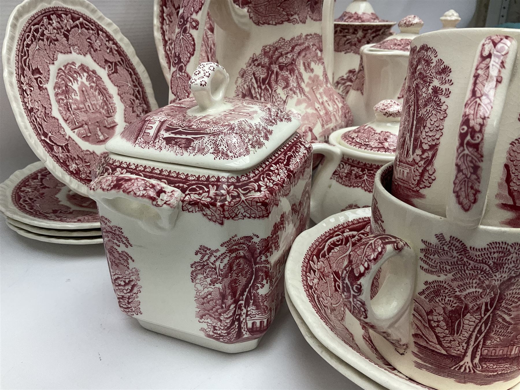 Masons Vista pattern ceramics, including coffee pot, sauce boat, twin handled jar and cover, teapots, mugs, etc 