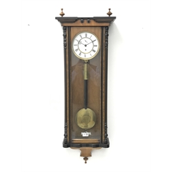 Victorian walnut and ebonised cased Vienna type wall clock, with single weight movement H100cm  
