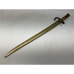 French Model 1866 sabre bayonet with 57cm fullered steel curving blade; in steel scabbard L71cm overall; another Model 1866 sabre bayonet lacking scabbard; and British Pattern 1856 sword bayonet (no scabbard) (3)