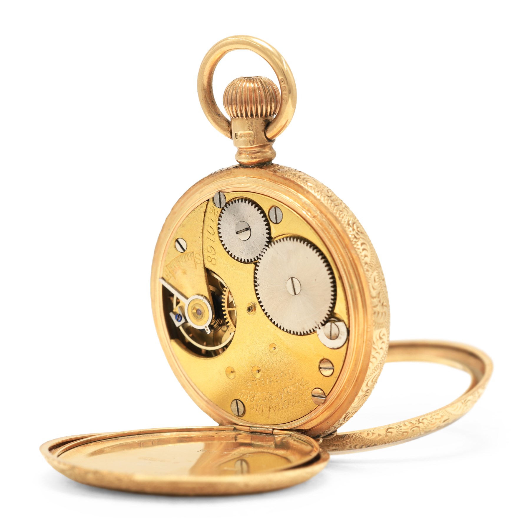 Edwardian 9ct gold open face keyless lever fob watch by Lancashire Watch Company, No. 891012, white enamel dial with Roman numeral hour markers, signed Whitehall, case with engraved foliate decoration, case by Dennison, Birmingham 1911