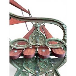 Coalbrookdale - Lily Pad design cast iron an wood slatted garden bench, late 19th century Aesthetic Movement, no. 217569, distressed green paint, iron centre support and seat stretcher, hardwood slatted