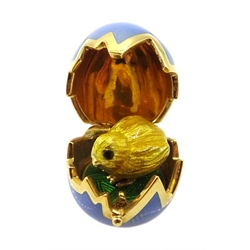 Victor Mayer for Faberge 18ct gold and blue guilloche enamel pendant, hinged lid revealing chick within, limited edition No.617/1000 reference No. F-1817 OB, stamped 750, boxed with certificate of authenticity 

[image code: 6mc]